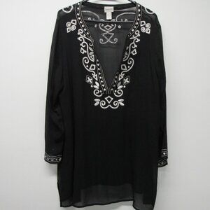 CHICO’S 100% Silk Embroidered Black Sheer Tunic Top sz 3 US XL/16 Boho Beachy